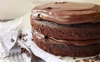 Horizontal image of a two-layered cake with cocoa frosting