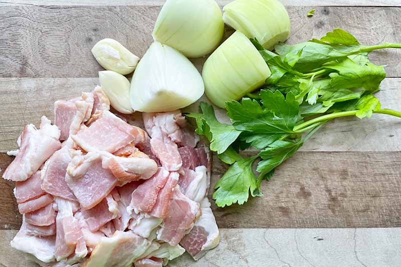 Horizontal image of chopped bacon, garlic, onion, and herbs.