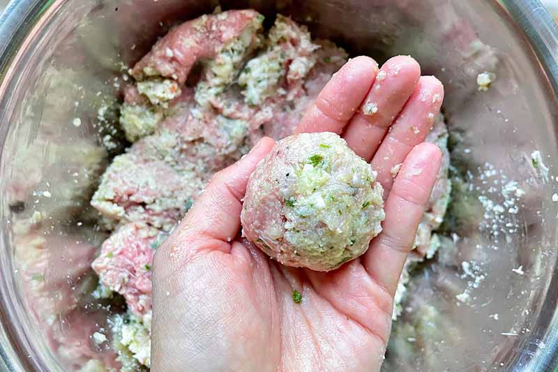 Horizontal image of a hand forming a mound with a raw ground turkey mixture.