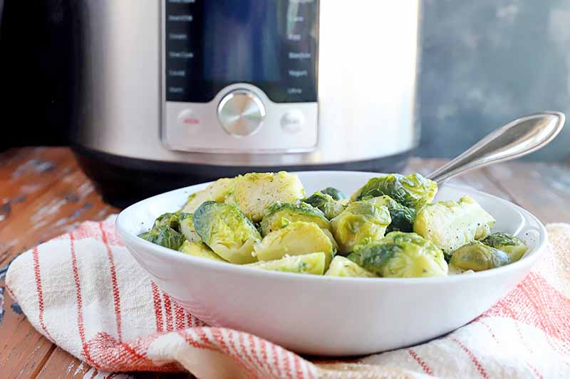 Horizontal image of a white bowl filled with seasoned green vegetables on a red checkered towel in front of a kitchen appliance.