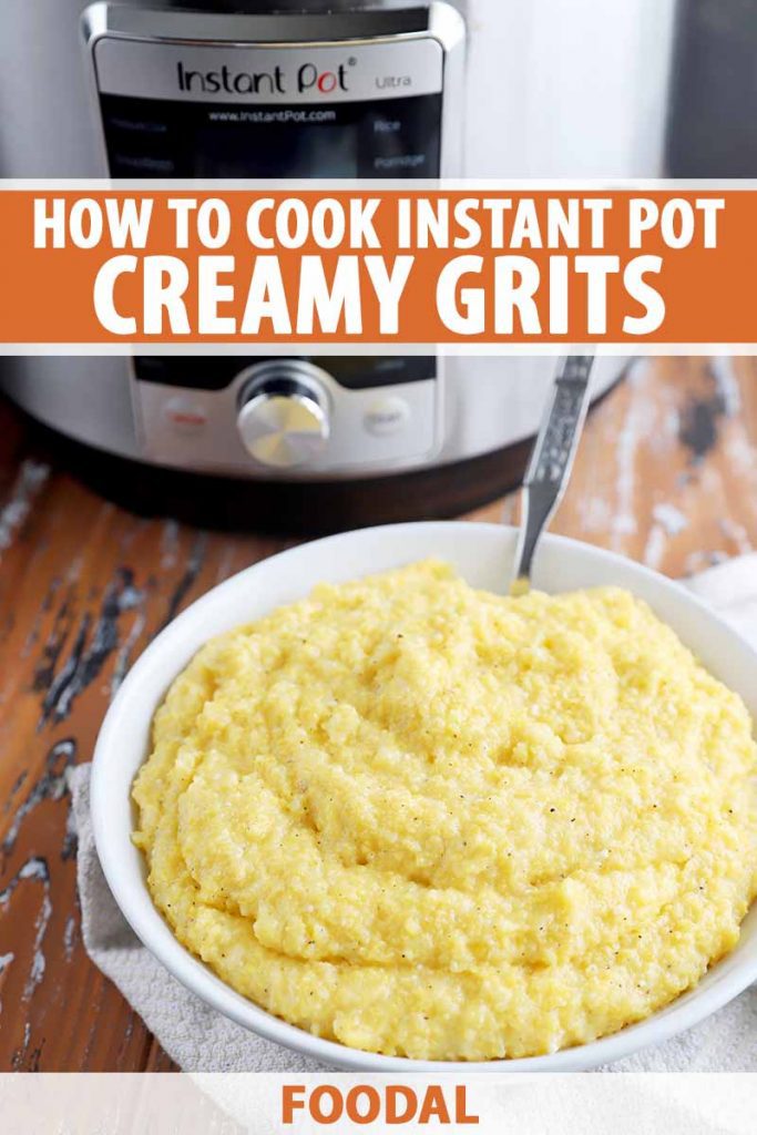 Vertical image of a white bowl full of creamy grits with a spoon in front of a kitchen appliance, with text on the top and bottom of the image.