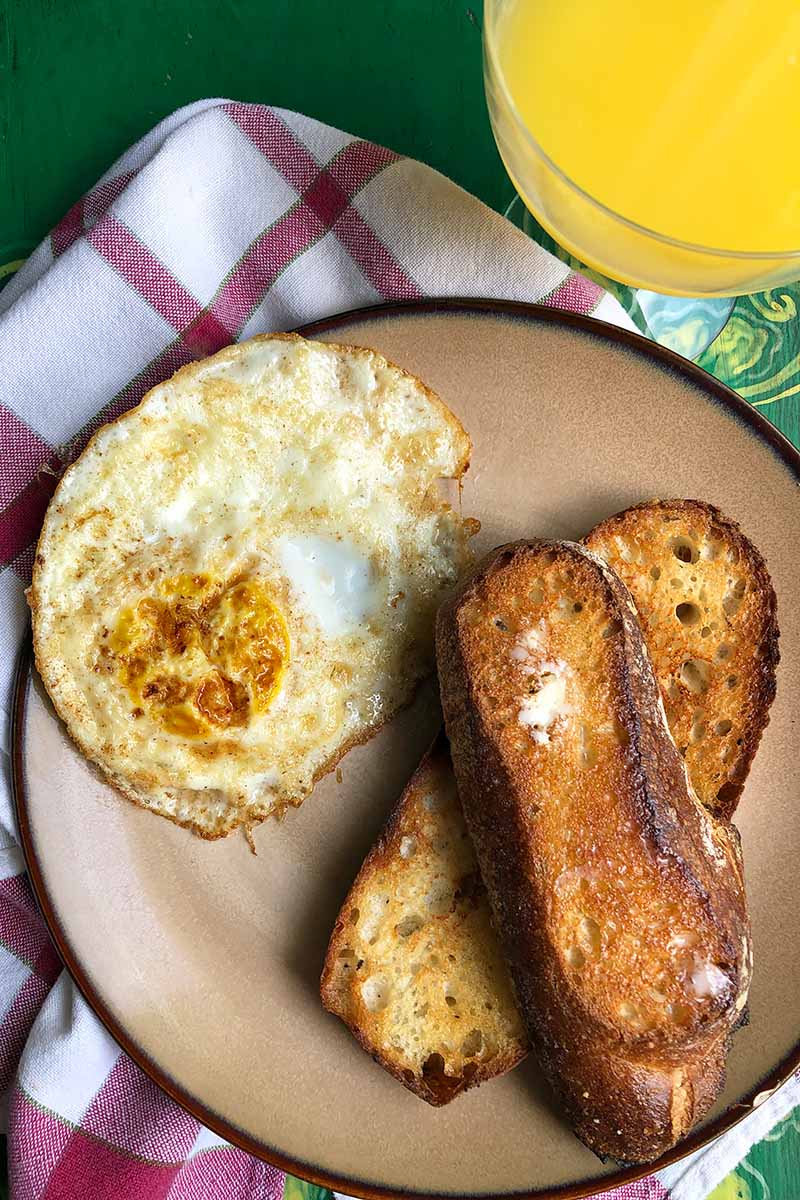 Vertical image of a savory breakfast with toasted bread on a brown plate next to orange juice and a plaid towel.