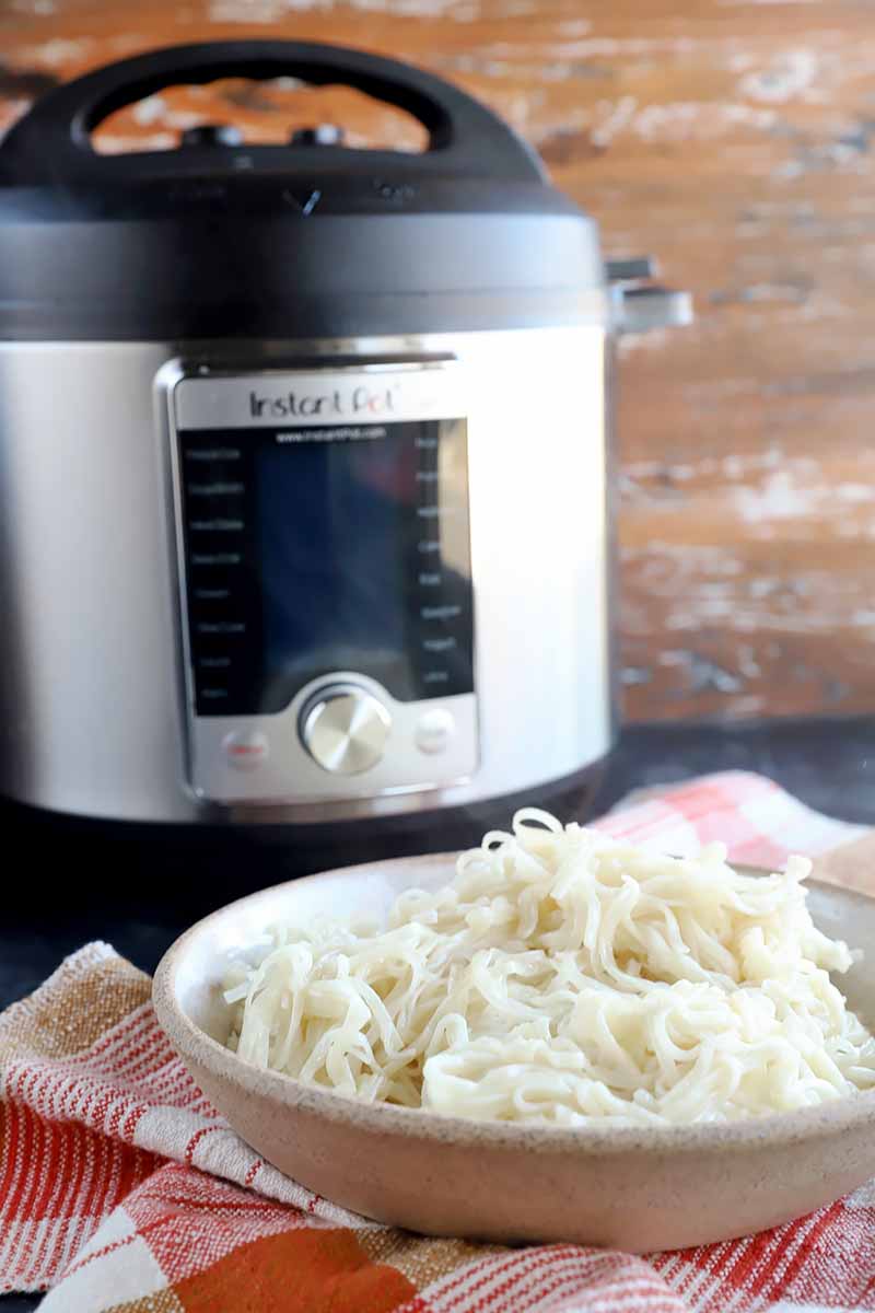 Vertical image of a bowl of vermicelli on a checkered towel in front of a large kitchen appliance.