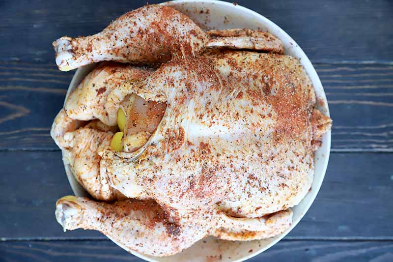 Horizontal image of an entire raw poultry covered in spices and stuffed with lemons.