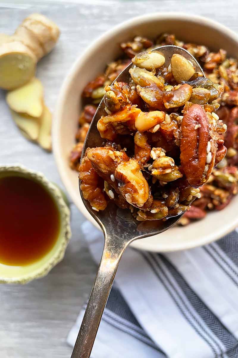 Vertical image of a spoonful of assorted nuts and seeds over a bowl of maple syrup and sliced fresh ginger.