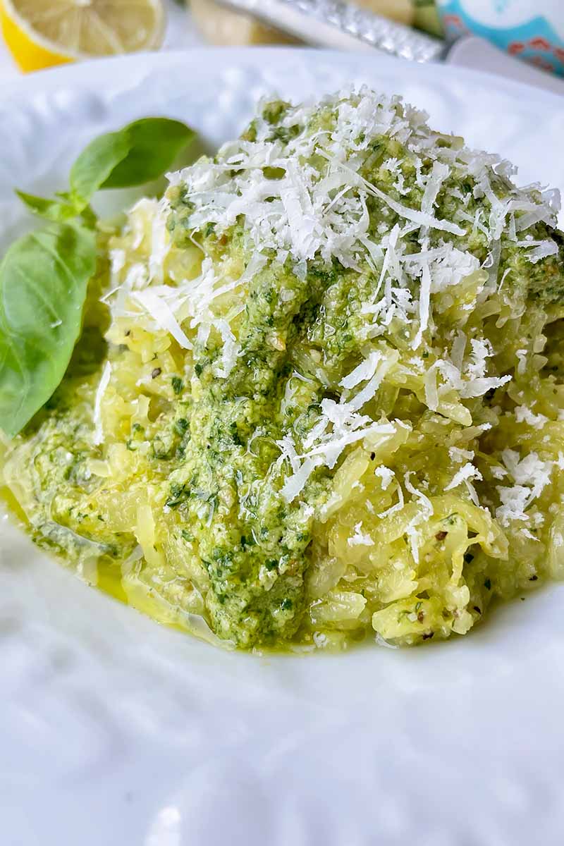 Vertical close-up image of a white plate with shredded yellow vegetables in a light green sauce topped with herbs and grated cheese.