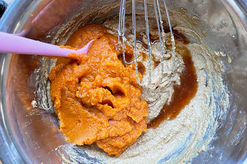 Horizontal image of mixing together an orange puree with dry ingredients.