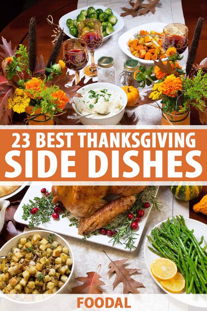 Vertical image of a Thanksgiving table, with text in the middle and on the bottom of the image.
