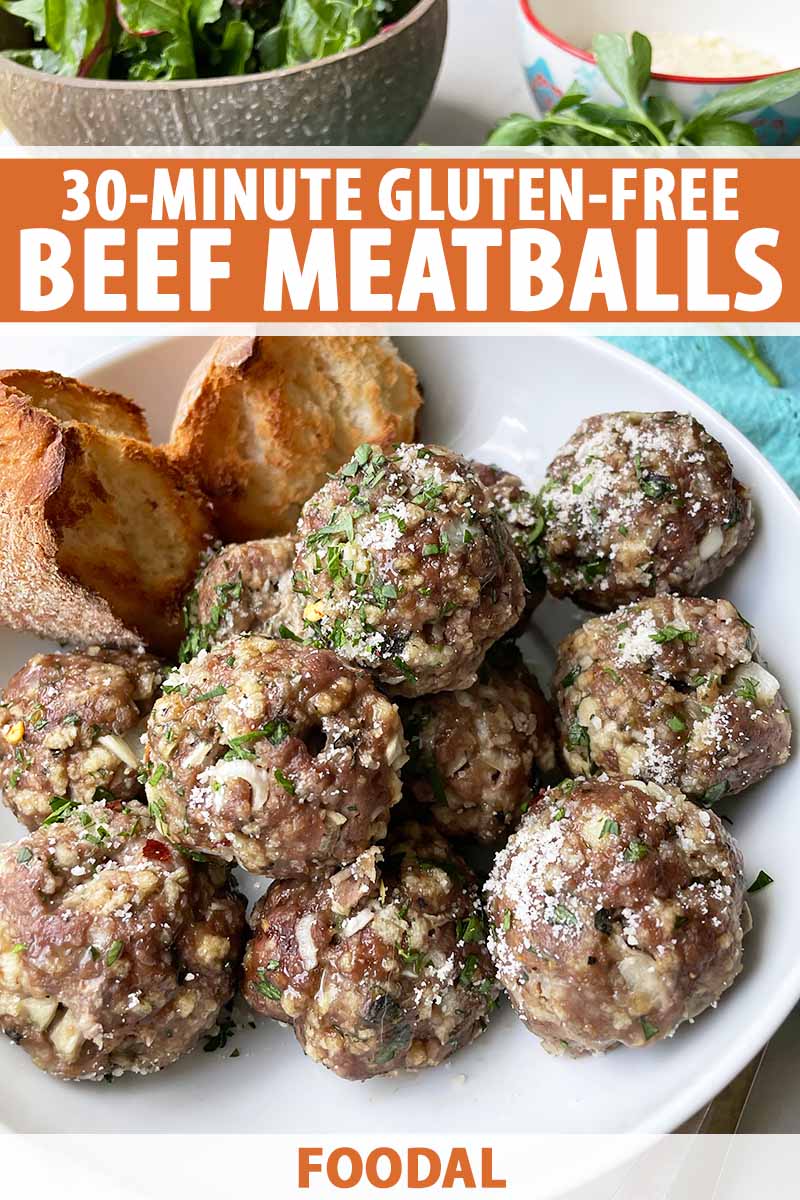 Vertical image of small mounds of cooked ground beef on a white plate, with text on the top and bottom of the image.