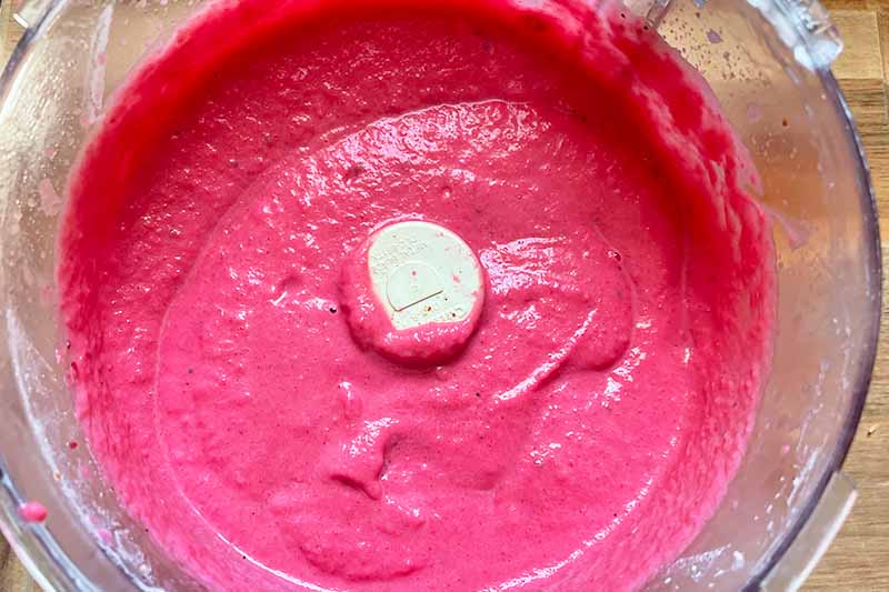 Horizontal image of a bright pink thick sauce in a food processor.