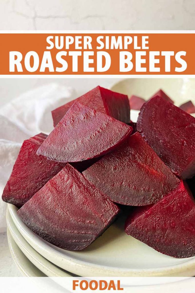 Vertical image of quartered purple root vegetables on a stack of white plates, with text on the top and bottom of the image.