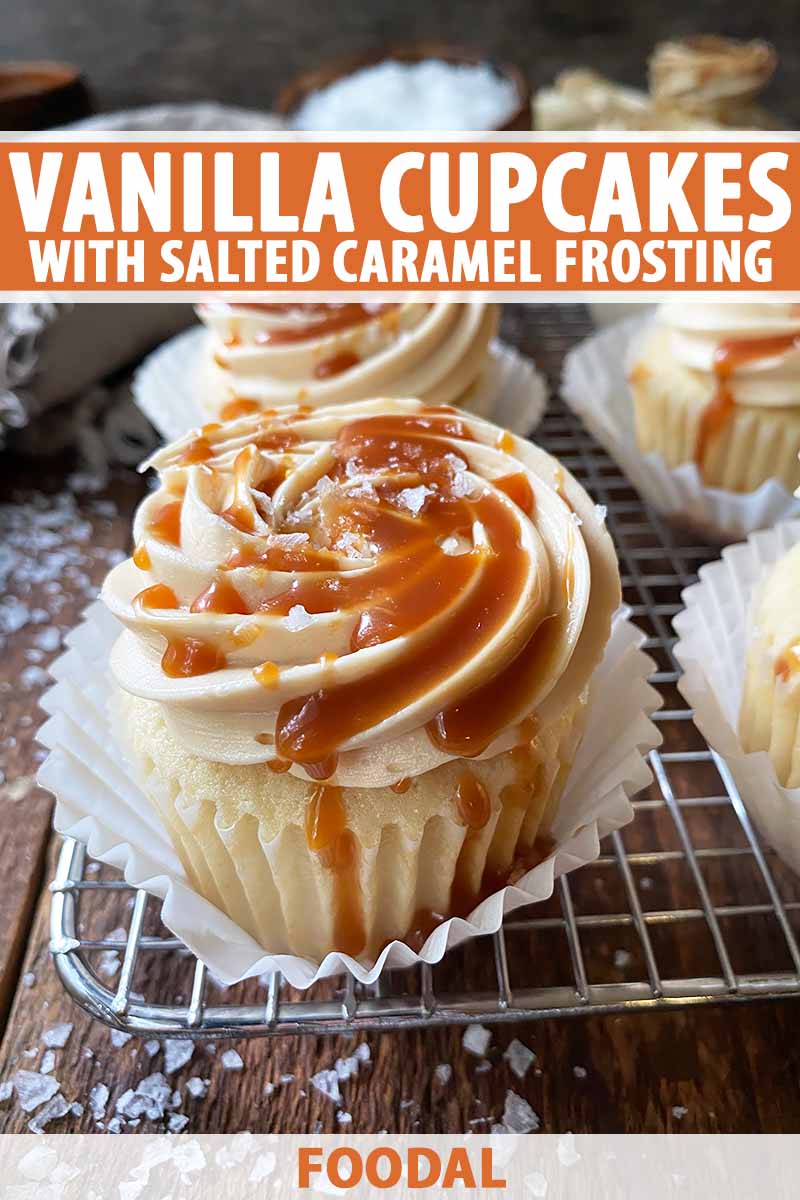 Vertical image of a cupcake with swirled frosting drizzled with a sauce on a cooling rack, with text on the top and bottom of the image.