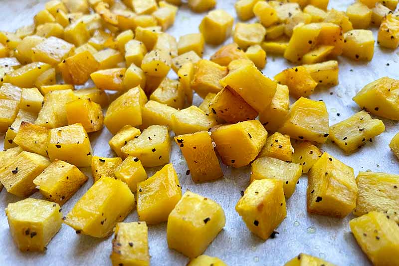 Horizontal image of baked cubes of yellow vegetables.