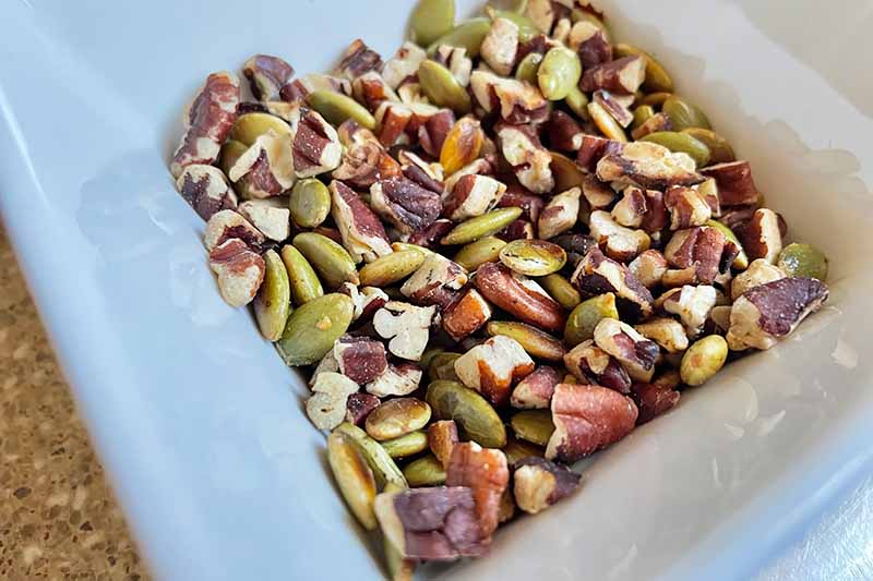 Horizontal image of assorted nuts and pumpkin seeds toasted in a white bowl.