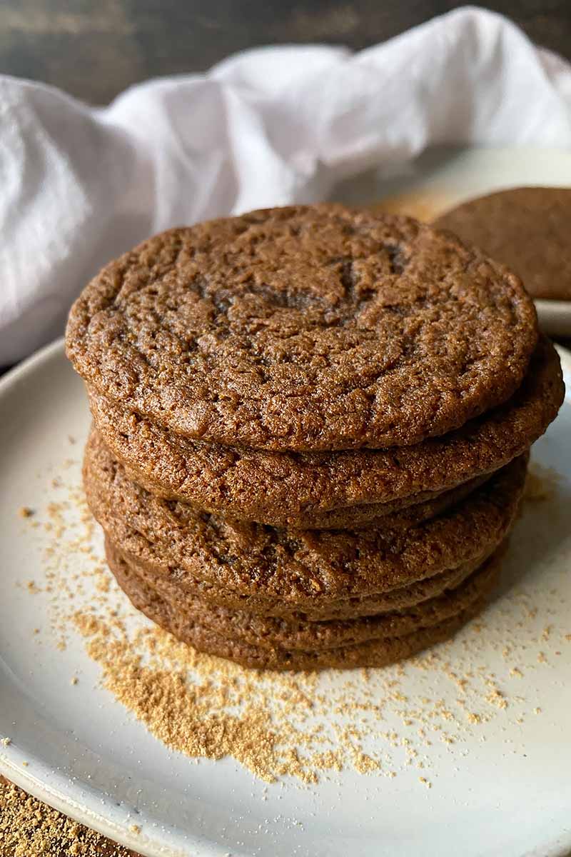 Vertical image of a stack of thin brown circular baked goods on a white plate