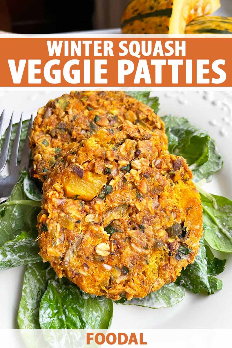Vertical image of two purred veggie mounds on dressed spinach on a white plate, with text on the top and bottom of the image.