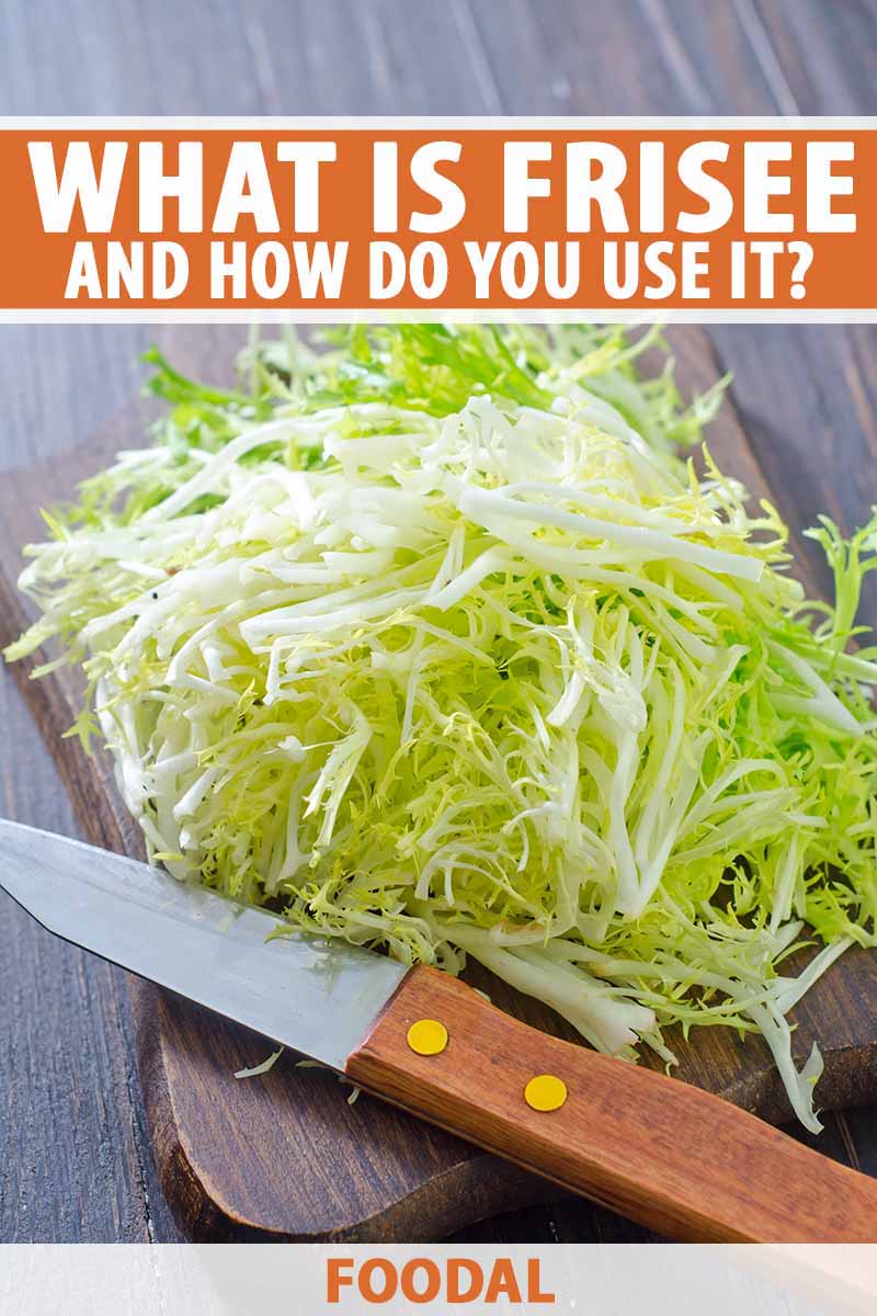 Vertical image of light green leaves on a cutting board next to a knife, with text on the top and bottom of the image.