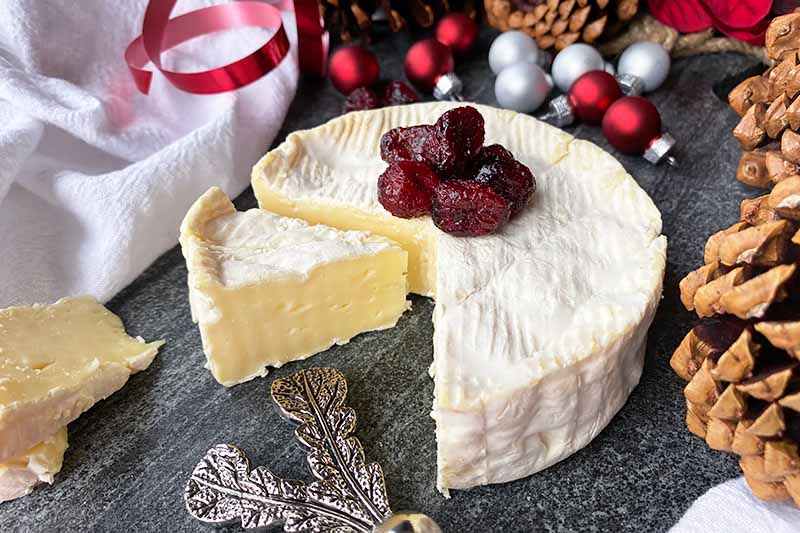 Horizontal image of a wheel of cheese with a few wedges removed from it topped with cranberries.