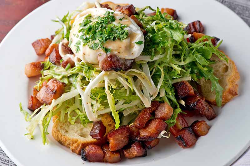 Horizontal image of a salad with greens, bacon bits, an egg, and dressing.