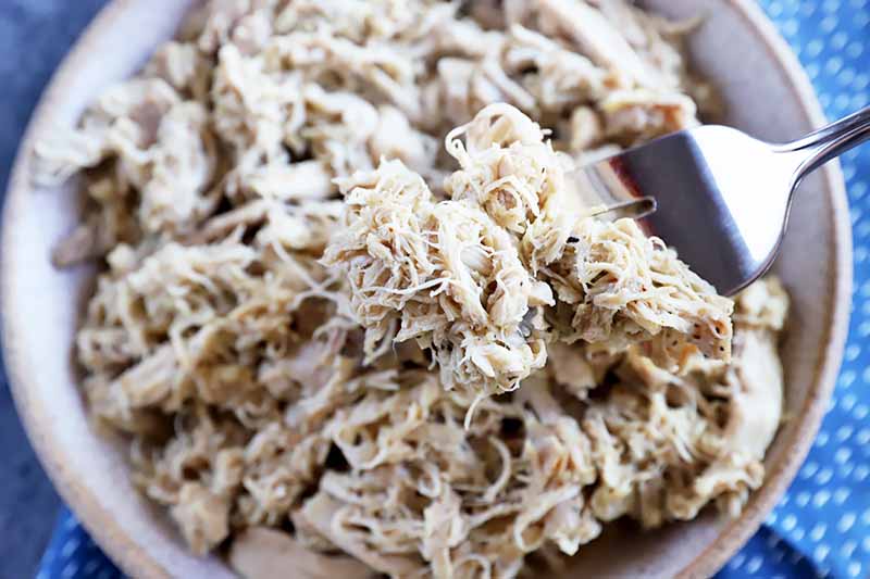 Horizontal image of shredded white meat in a bowl with a fork.
