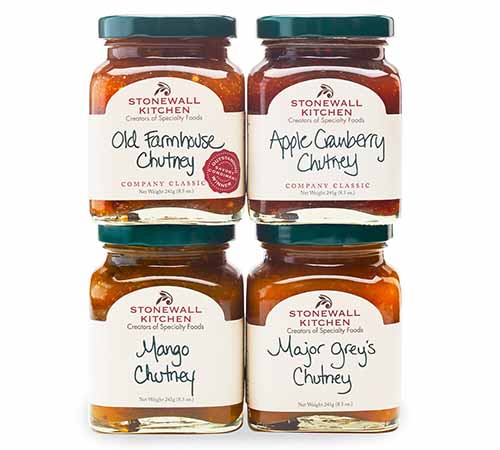Image of four different kinds of Stonewall Kitchen chutney.