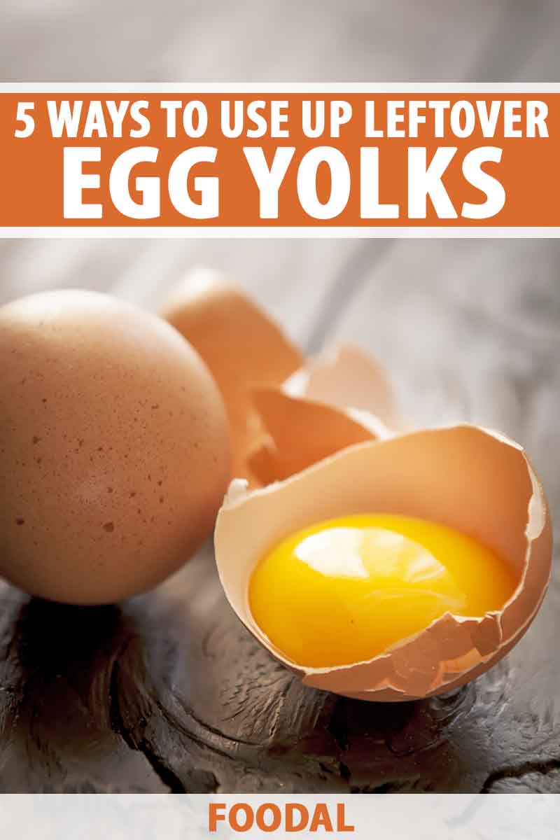 Vertical image of whole eggs and half of one with the yolk and shells on the side, with text on the top and bottom of the image.