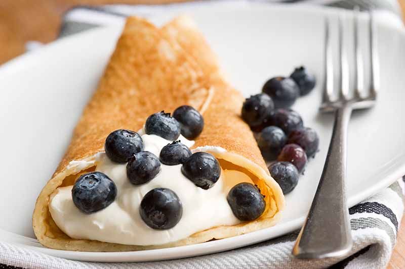 Horizontal image of a crepe filled with a thick dairy product with blueberries on a white plate with a fork.