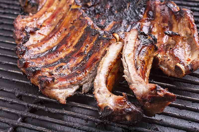 Horizontal image of grilled ribs on a grill rack.