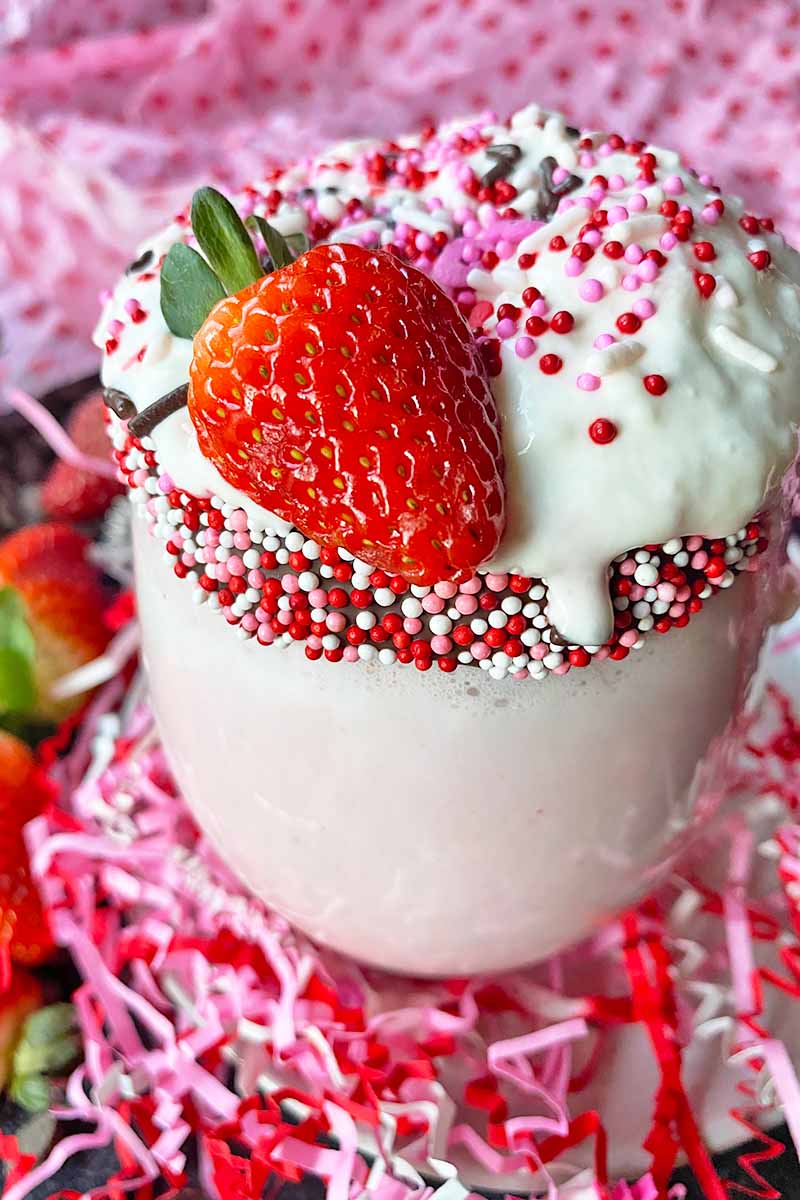 Vertical close-up image of a cup filled with a creamy pink beverage with a sprinkle rim and a whipped cream and strawberry garnish.