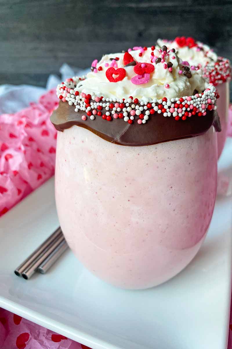 Vertical image of a pink milkshake garnished with a chocolate and sprinkle rim on a white plate next to metal straws.