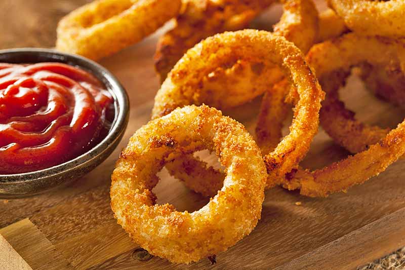 Horizontal image of fried onion rings next to ketchup