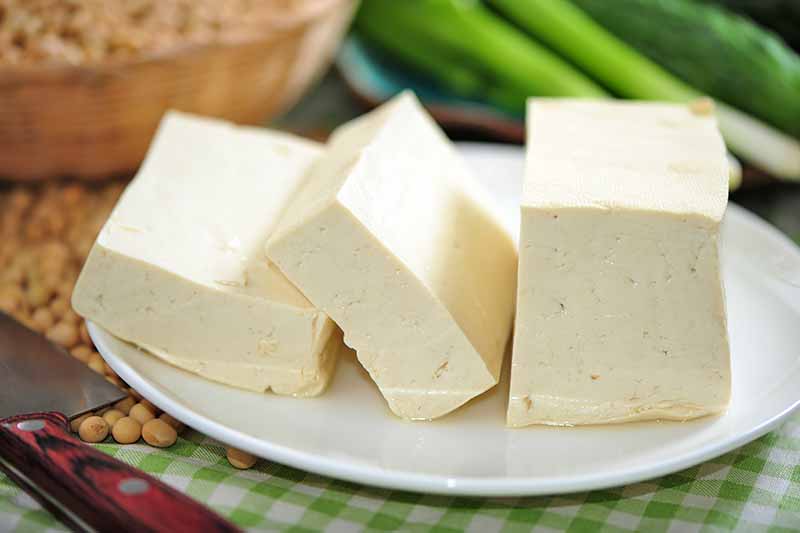 Horizontal image of three large slices of tofu on a white plate.