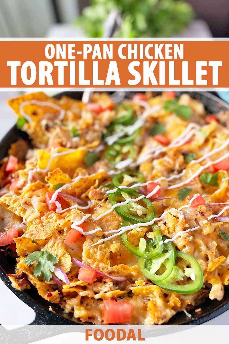 Vertical image of a skillet recipe topped with salsa and slices of jalapenos, with text on the top and bottom of the image.