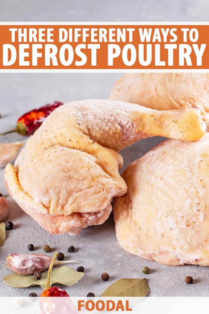 Vertical image of frozen chicken legs next to assorted seasonings, with text on the top and bottom of the image.