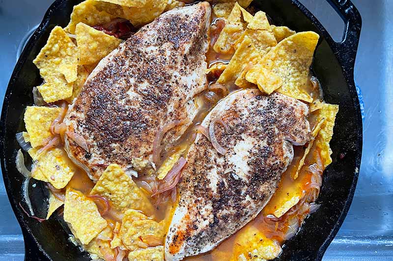 Horizontal image of two seasoned chicken breasts on top of chips in a cast iron pan.
