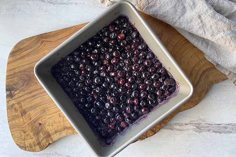 Horizontal image of a square baking pan with roasted blueberries.