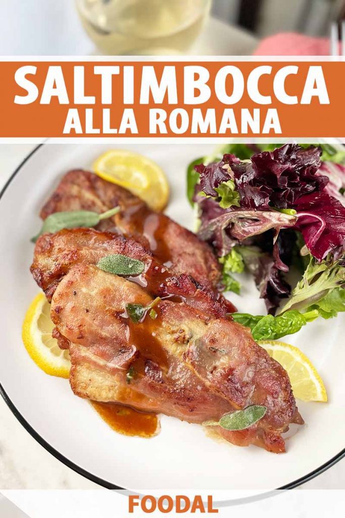 Vertical image of a white plate with two cooked cutlets garnished with sauce, fresh herbs, and lemons next to salad, with text on the top and bottom of the image.