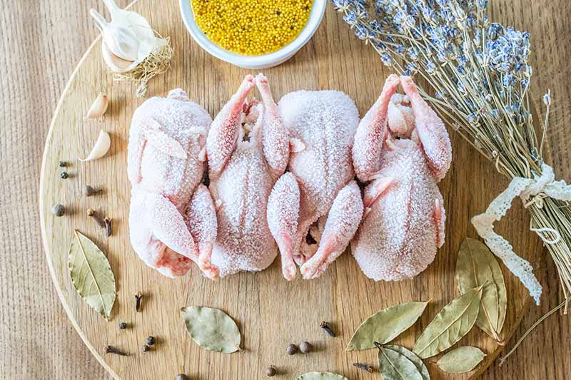 Horizontal image of whole small poultry on a wooden chopping block next to assorted herbs and seasonings.