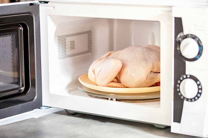 Horizontal image of a whole raw chicken in a microwave on a yellow plate.
