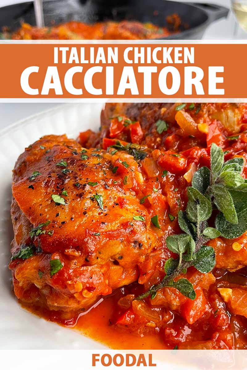Vertical image of cooked poultry pieces in a vibrant tomato sauce with fresh herbs.