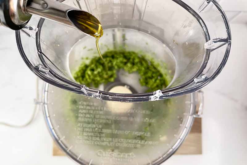 Horizontal image of pouring oil into chopped herbs in a food processor.