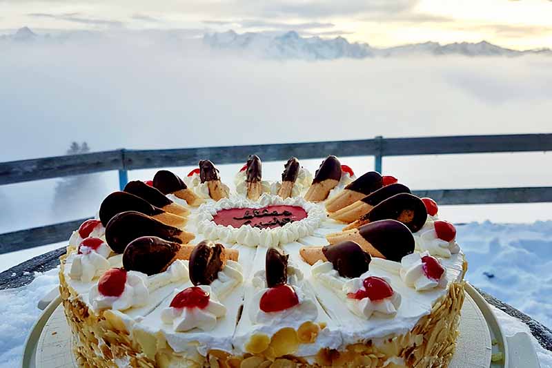 Horizontal image of a whole cake with decorations overlooking snowy, foggy mountains.