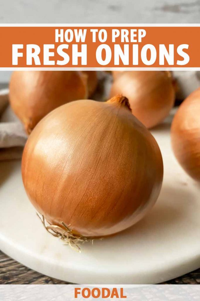 Vertical image of whole onions on a white platter, with text on the top and bottom of the image.