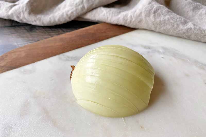 Horizontal image of a peeled white onion half with slices in it.