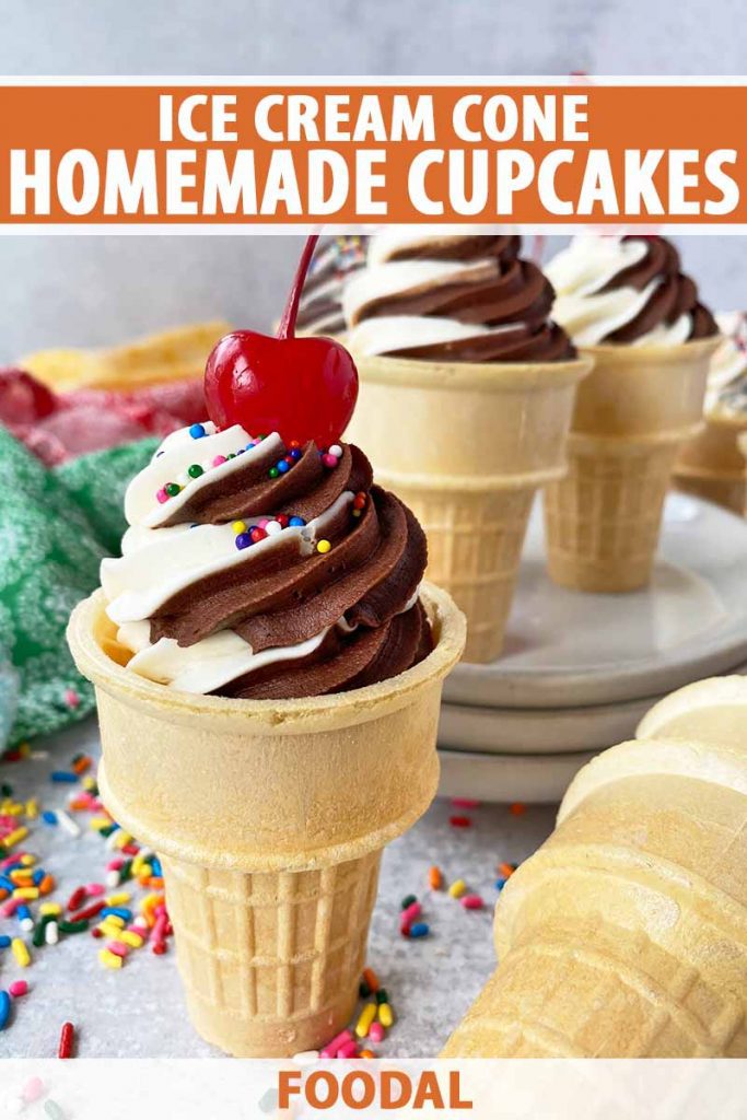 Vertical image of yellow cones filled with vanilla and chocolate frosting and topped with cherries, with text on the top and bottom of the image.