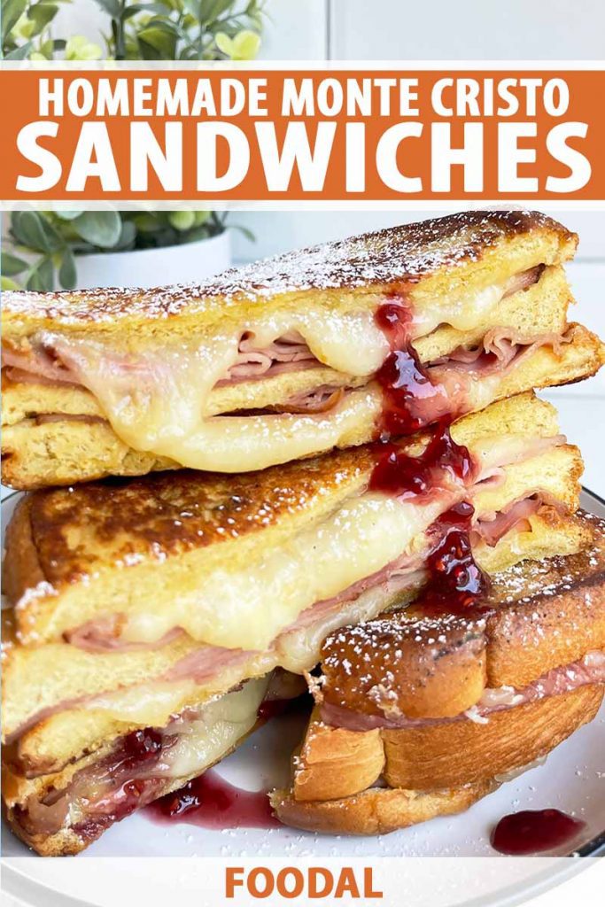 Vertical close-up image of a Monte Cristo sandwich drizzled with jam, with text on the top and bottom of the image.