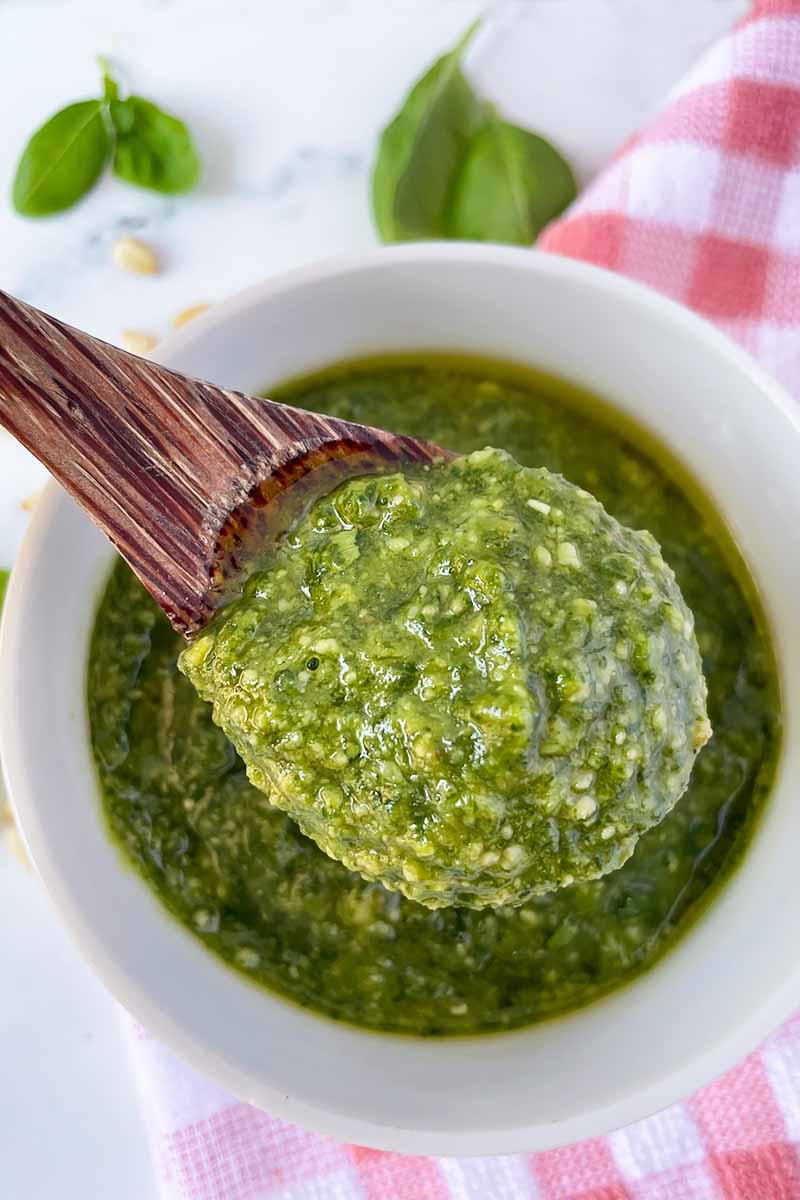 Vertical image of a spoon holding up some thick green sauce over a white bowl on a red checkered towel.