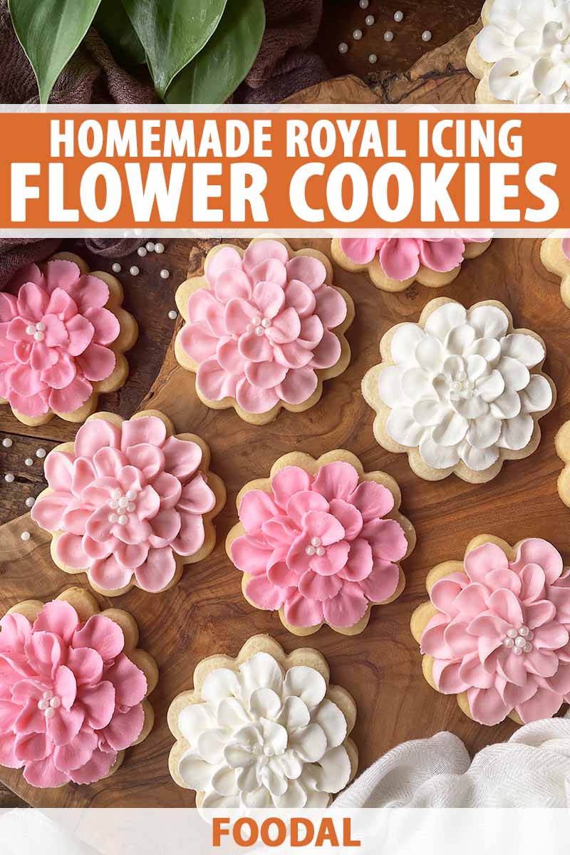 Vertical image of assorted pink and white decorated baked goods on a wooden surface, with text on the top and bottom of the image.