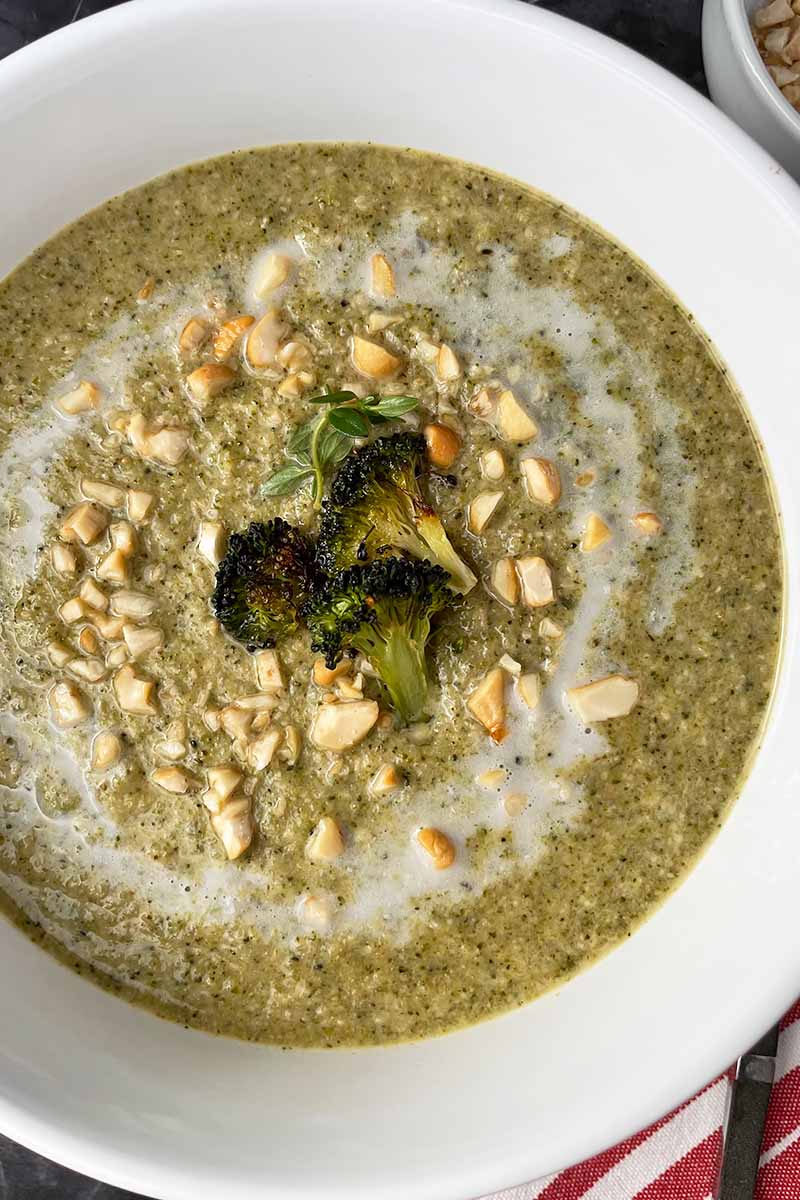 Vertical image of a large white bowl filled with pureed green mixture with nuts garnish.