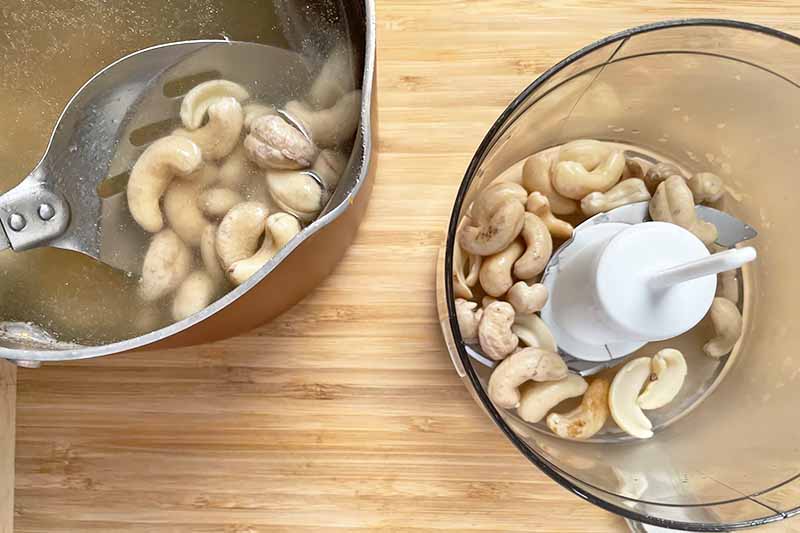 Horizontal image of soaked cashews in a pot of water and in a food processor.